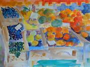 Ian Case - Market Laroque des Alberes, Provence - acrylic inks and oil pastels